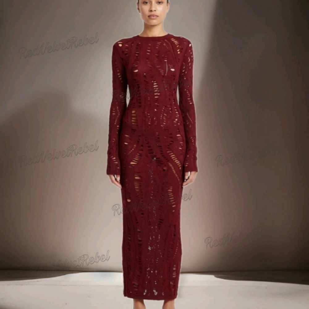 NWT Burgandy Distressed Long Sleeve Knit Maxi Sweater Dress Sz M - Picture 2 of 15